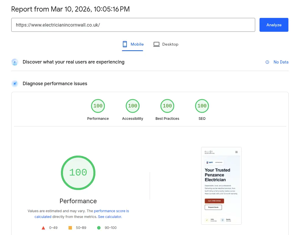Elliot Electrical website Google PageSpeed performance