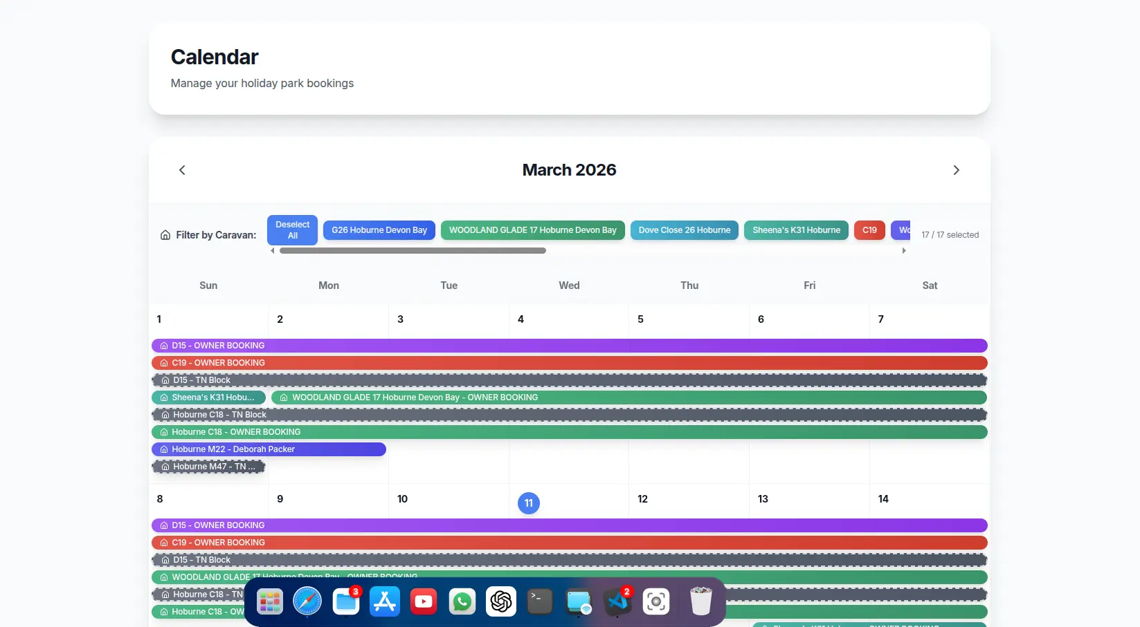 Shirleys Holidays booking calendar
